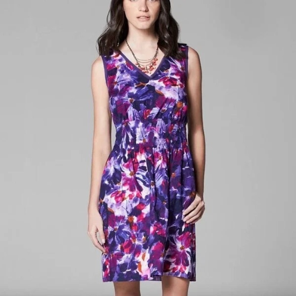 Simply Vera Vera Wang Smocked Waist FLORAL Print DRESS V-Neck